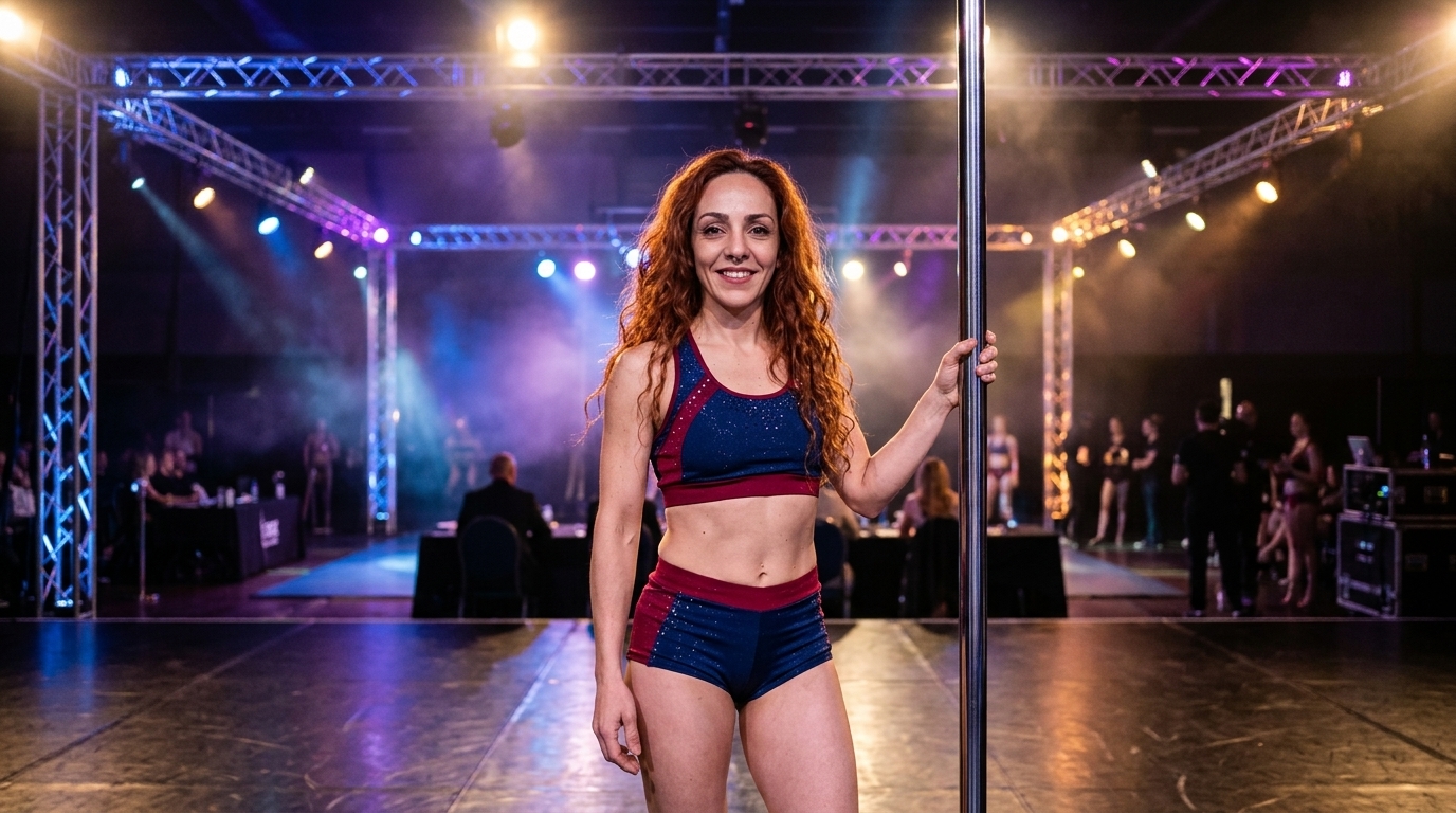 Mujer pelirroja en un escenario, imagen generada para la página de Competencias de La Santa World